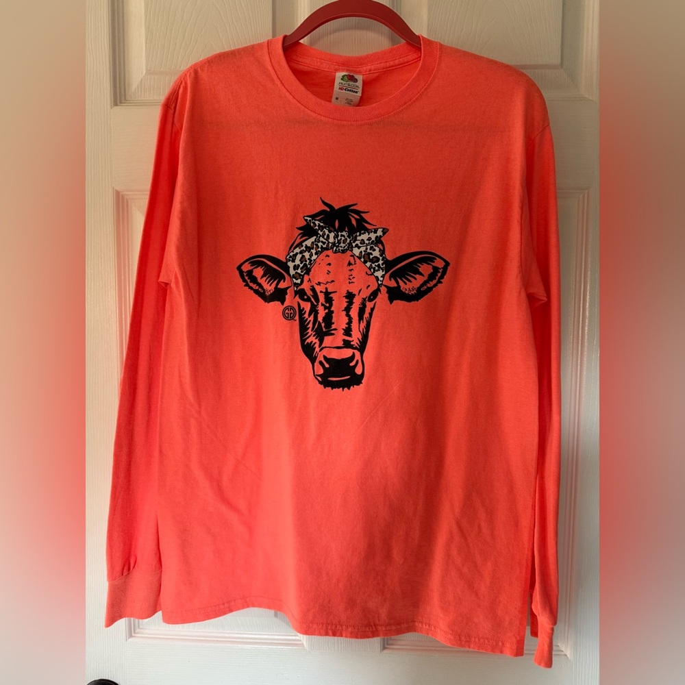 Girlie Girl Originals Fruit of the Loom Coral Graphic Long Sleeve Shirt Cow